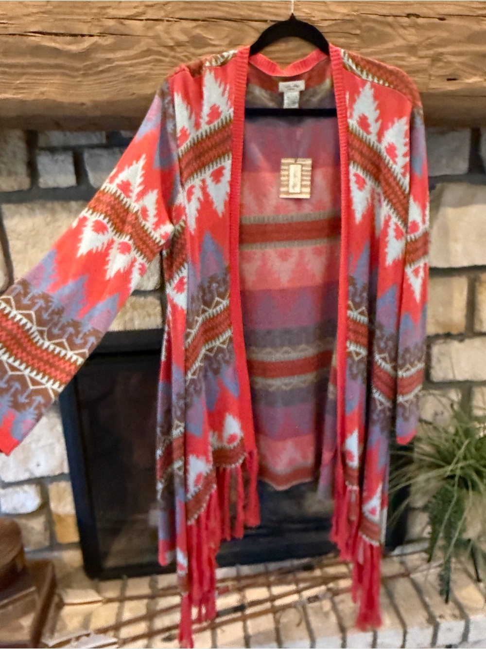 Tasha Polizzi Coral Aztec Open-Front Fringe Sweater Cardigan